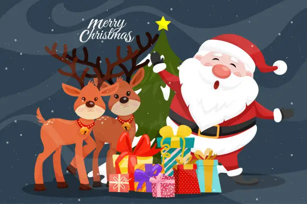 Vector illustration of Merry christmas card with santa claus and  reindeer