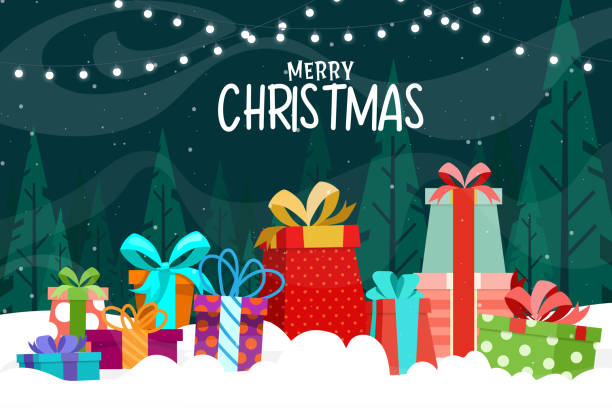 雪の上のギフトボックス付きメリークリスマスカード - santa claus gift snow sack点のイラスト素材／��クリップアート素材／マンガ素材／アイコン素材