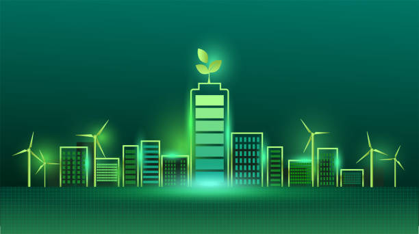 ökologiekonzept mit grünem öko-city-hintergrund. umweltschutzressource nachhaltiges, städtisches umweltkonzept. - nachhaltige energie stock-grafiken, -clipart, -cartoons und -symbole