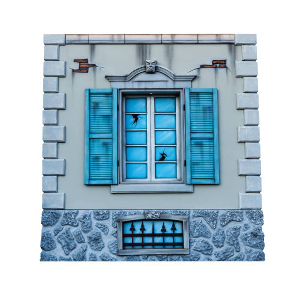 istock Old abandoned building european style with cracked blue windows isolated on white background and clipping path 1407224903