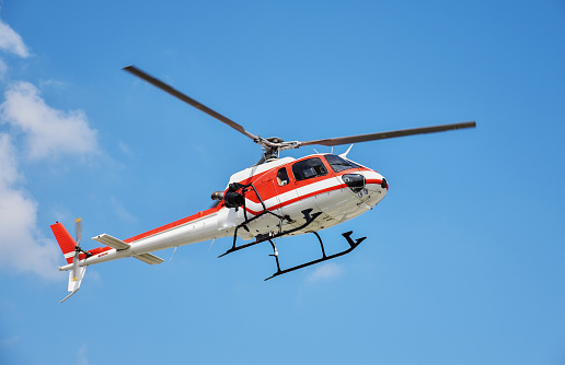 Helicopter with camera mounted on blue sky