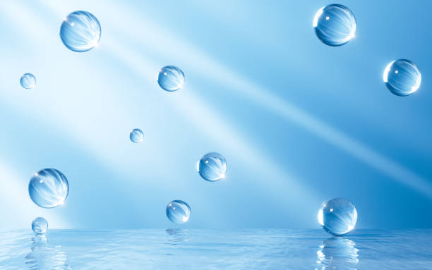 Transparent spheres on the water surface, 3d rendering.