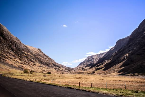 istock Road curving through mountains, and blue sky. Scottish Highlands 1407226527