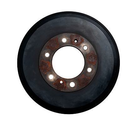 Single new brake disc spare part of the car, on white background