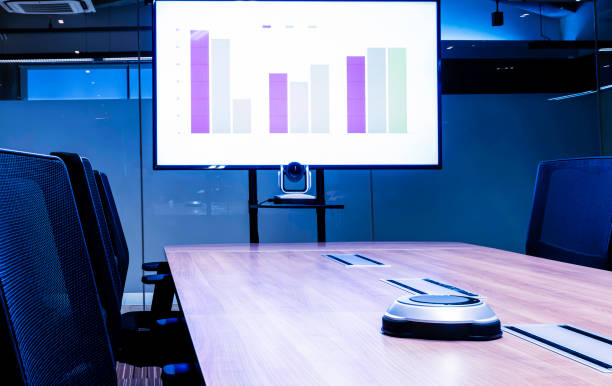 istock Television with presentation slideshow in meeting room 1407226732