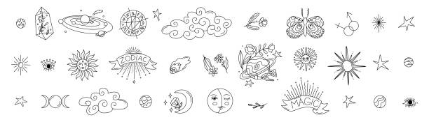 ilustrações de stock, clip art, desenhos animados e ícones de collection of mystical and astrological icons. astro tattoo or stickers. decor for natal chart and horoscopes. zodiac signs. big esoteric set. line art in vector illustration. isolated elements. - pattern information medium technology backgrounds