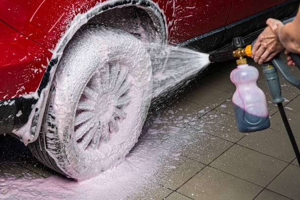 Washing car wheels stock photo