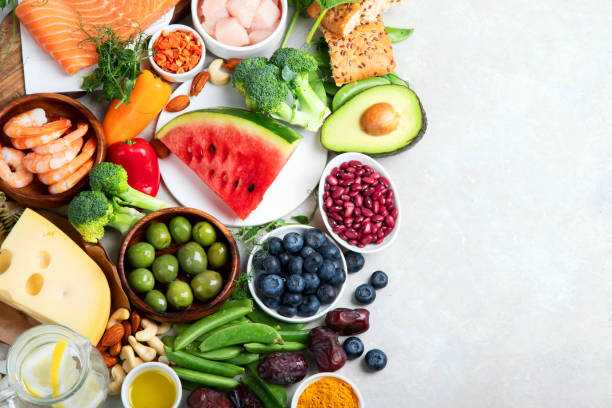 istock Healthy food assortment on light background. 1407234833
