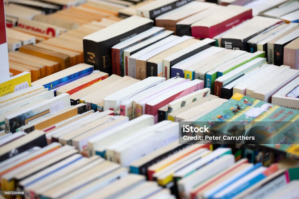 File di libri di seconda mano fuori da una libreria a Parigi - Foto stock royalty-free di Libro