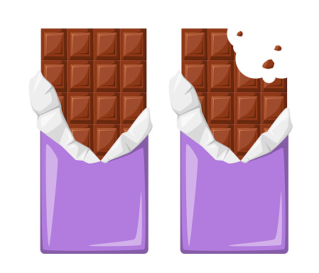 Chocolate bars on a white background. Bitten chocolate in a wrapper.