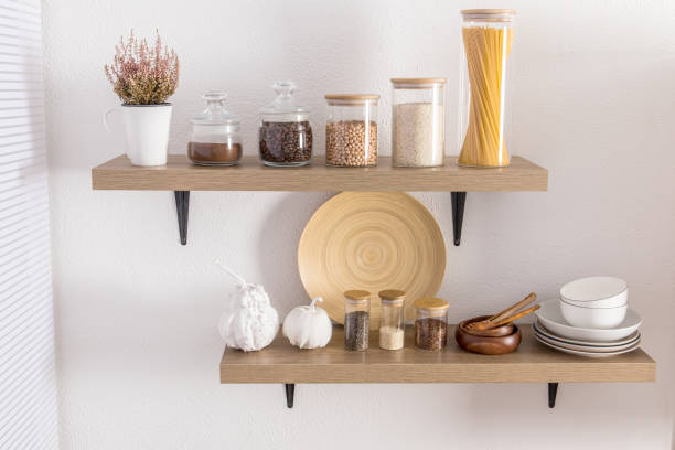 open-wooden-shelves-with-various-glass-jars-with-a-wooden-lid-filled-with-spices-coffee, Kitchen Renovation, Bathroom Renovation, House Renovation Auckland