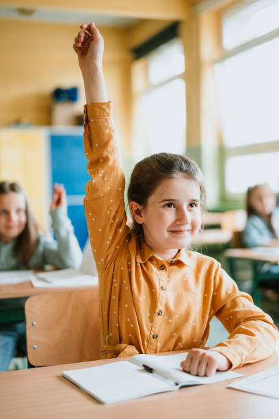 school Girl raising hands during lecture in classroom stock photo