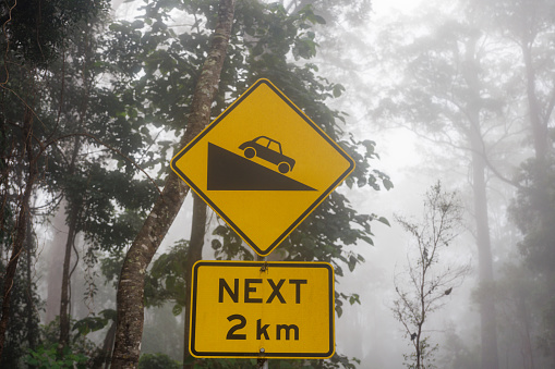 Fog and mist swirling around road safety sign in remote forest