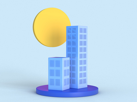 3D rendered illustration with a light setting. A minimal abstract scene of two tall city buildings on a light blue background. Illustration of real estate, markets, and residents.