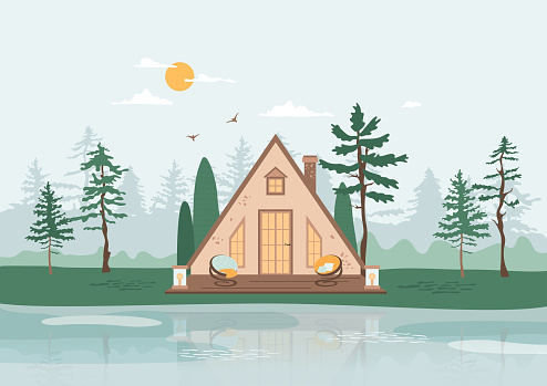 Cute cottage with chairs on terrace. Picturesque countryside  landscape. Vector illustration
