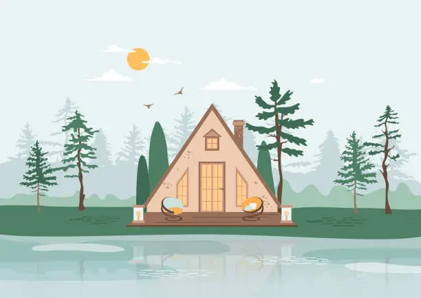 Vector illustration of Triangle house with lounge zone on the shore of the lake. Outdoor weekend, holiday in the forest concept.