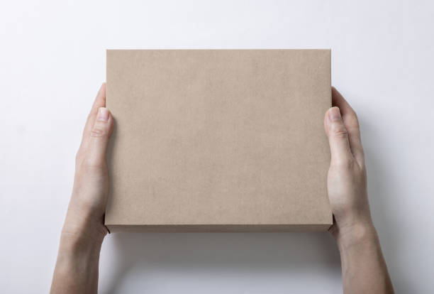 istock Hand holding cardboard box packaging mockup template with copy space for your logo or graphic design, isolate on white background 1407243333