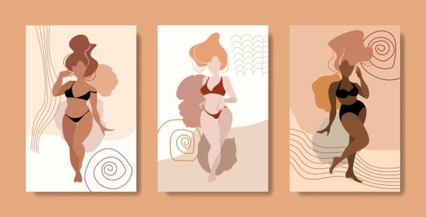 stockillustraties, clipart, cartoons en iconen met set of beautiful plus size girls in swimsuits on modern abstract background. curvy women with perfect figure for body positive banner. poster with woman of different ethnicities. vector illustration - damesonderbroek