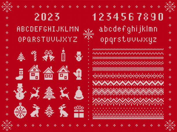 kuvapankkikuvitukset aiheesta joulun neulontaelementit ja fontti. neulotut saumattomat reunat. red xmas -rakenne. fairisle-koriste tyypillä, lumihiutale - candle borders