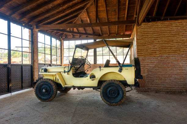 Retro yellow jeep in the garage