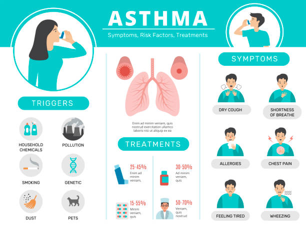 Asthma infographic. Health risk condition for people respiratory stick treatment asthma pills from sickness recent vector flat template with place for text Asthma infographic. Health risk condition for people respiratory stick treatment asthma pills from sickness vector flat template with place for text. Asthma treatment chart information illustration asma stock illustrations