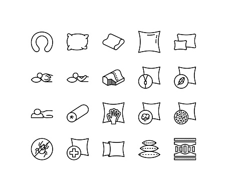 Pillow flat line icons set. Accessory For Travel And Bedroom, Orthopedic pillow with Foam memory, Cervical cushion. Simple flat vector illustration for web site or mobile app.