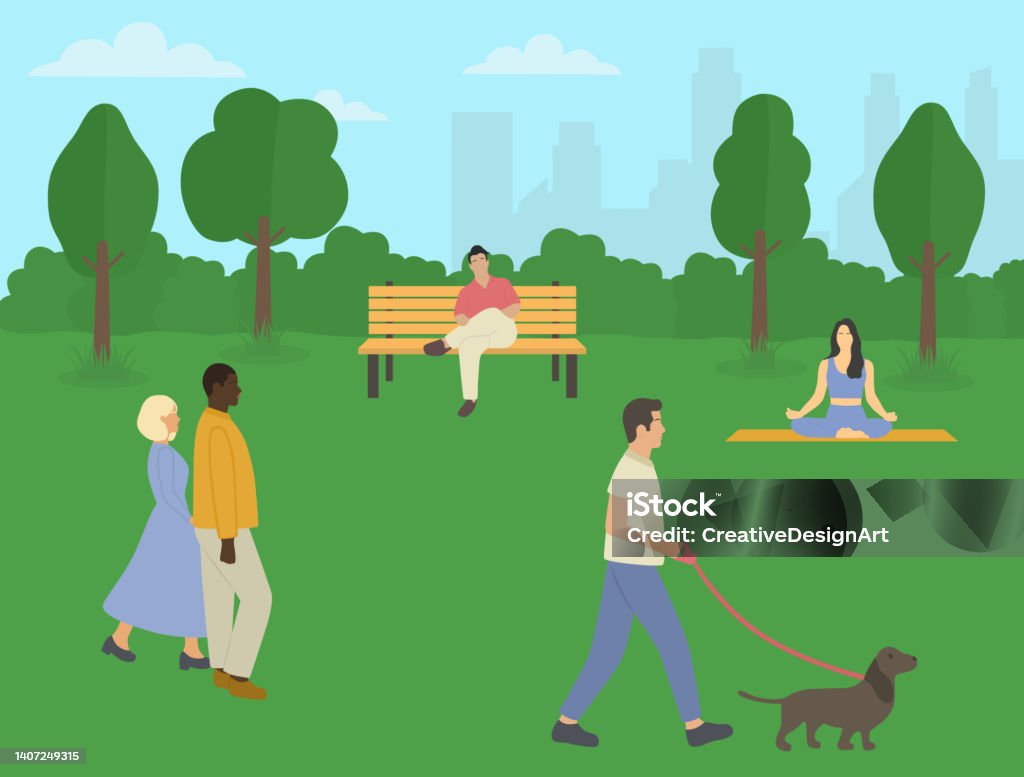 Ilustración de Actividades Al Aire Libre De Verano En El Parque Hombre  Sentado En El Banco Mujer Joven Meditando Y Pareja Romántica Caminando y  más Vectores Libres de Derechos de Banco -