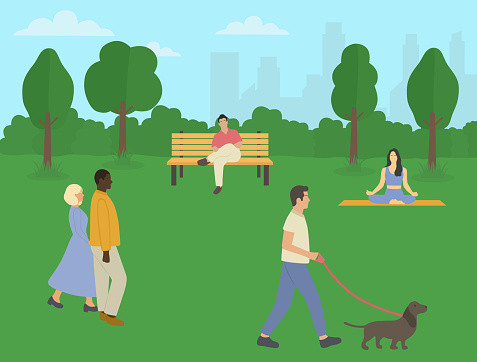 Summer Outdoor Activities In Park. Man Sitting On Bench, Young Woman Meditating And Romantic Couple Walking.