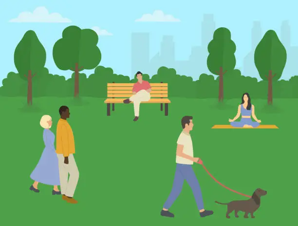 Vector illustration of Summer Outdoor Activities In Park. Man Sitting On Bench, Young Woman Meditating And Romantic Couple Walking.