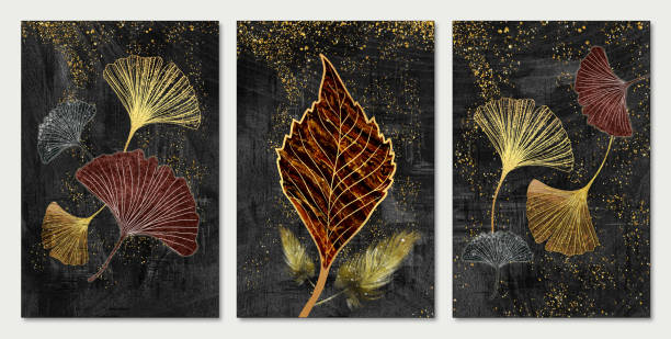 istock 3d golden tree leaves in modern painting background. wall frame home decor. wall frame decor 1407250294