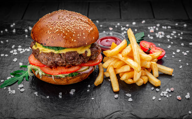 istock Burger with beef, hamburger with fries 1407250497