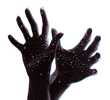 Hands reaching for the stars with glitch technique