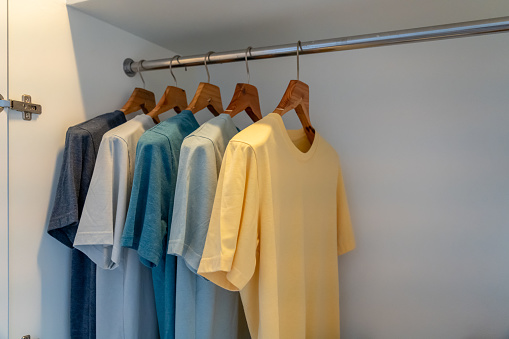 Same style plain color cotton tshirt hanging in a white closet