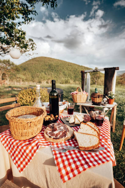 picnic italiano nel sud italia - wine cheese food salami foto e immagini stock