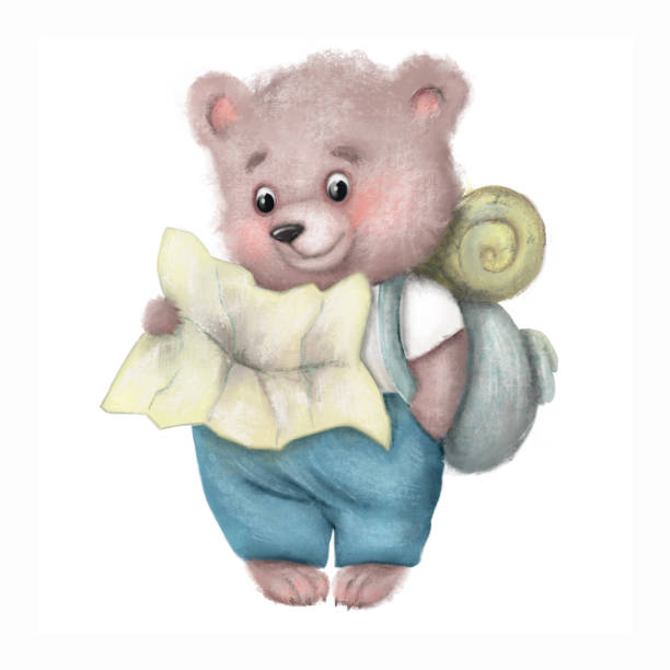 Cute fluffy adorable bear holding a map. Sweet lovely funny teddy bear with a backpack. Colored illustration of tourist, traveler. Cute fluffy adorable bear holding a map. Sweet lovely funny teddy bear with a backpack. Colored illustration of tourist, traveler. funny camping signs pictures stock illustrations