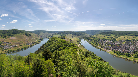 Puenderich, Germany - May 22, 2022: Panoramic view to the village Puenderich with Moselle river on May 22, 2022 in Germany