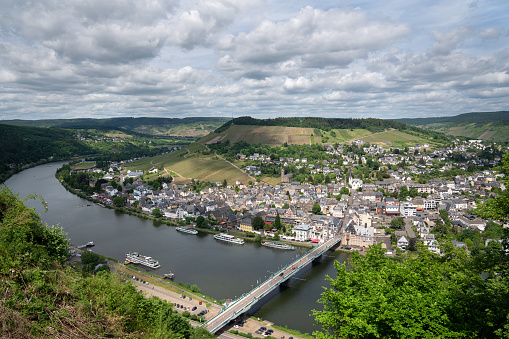 Traben Trarbach, Germany - May 21, 2022: Panoramic view to Traben Trarbach with Moselle river on May 21, 2022 in Germany
