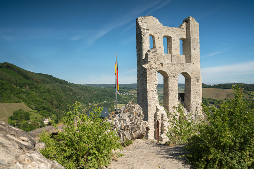 Traben Trarbach, Germany - May 22, 2022: Ruin of old castle Grevenburg, public place close to Traben Trarbach on May 22, 2022 in Germany