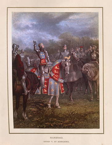 Vintage illustration, King Henry V giving speech to his army before the Battle of Agincourt