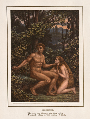Vintage illustration, Adam and Eve in the Garden of Eden.  My author and disposer, what thou bidd'st Unargued I oby; so God ordains. Milton