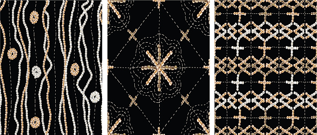 Golden embroidered ornament on a black background. Beads. Hand-drawn vector illustration for printing, fabric, textile, manufacturing, wallpapers.