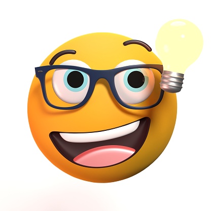 Back to School emoji concept student is happy to find a new idea representing by a light bulb and eyeglasses in 3D. Easy to crop for all your design and print needs.