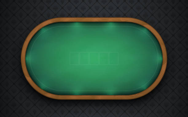 Poker table with realistic wooden frame. Made of green textured cloth with illuminated borders on a dark background. Eps10 vector texas hold em illustrations stock illustrations