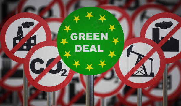 Green deal sign in front. Ecology and CO2 carbon dioxide neutrality concept. 3D rendered illustration. stock photo