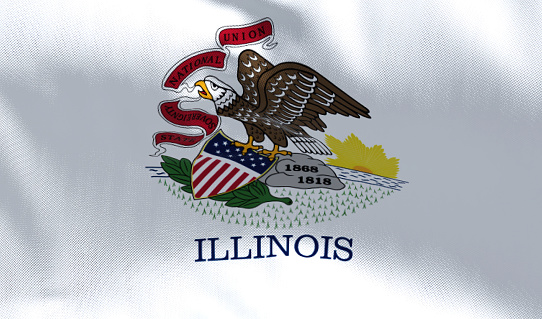 The US state flag of Illinois waving in the wind. Illinois is a state in the Midwestern region of the United States. Democracy and independence.