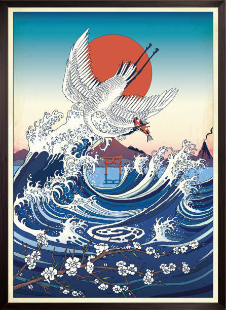 great wave, japanese style illustration - japonya stock illustrations