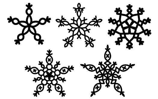 Set of black silhouette of Christmas snowflakes isolated on white background. High quality illustration