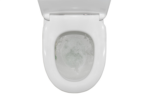 Flushing toilet, top view, isolated on white background.