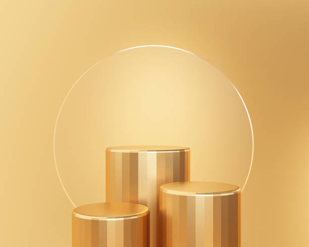 istock Gold pedestal cylinder luxury premium podium background 3D illustration empty display scene presentation for product placement 1407266283