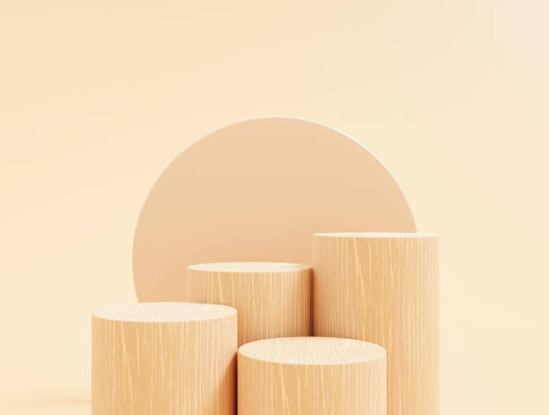 istock Wood pedestal cylinder podium background 3D illustration empty display scene presentation for product placement 1407266285